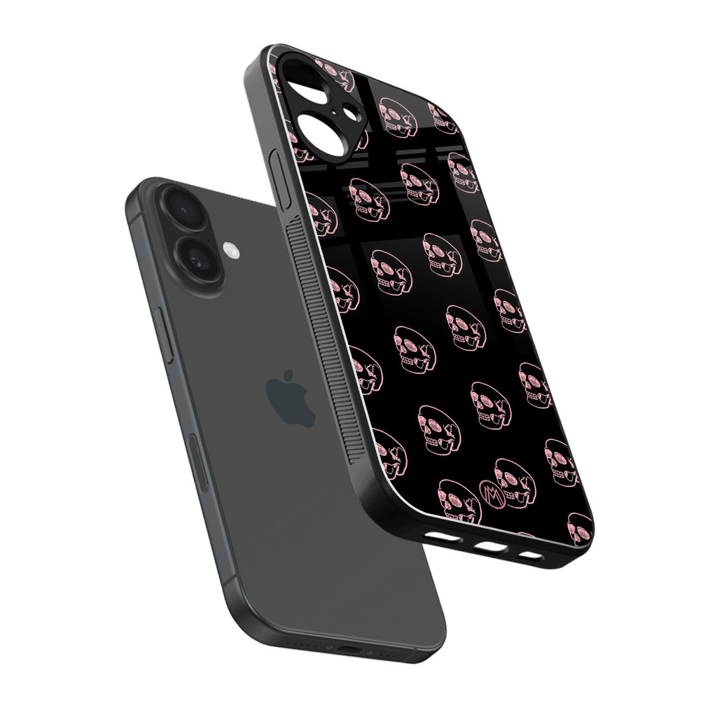 pink skull pattern back phone cover | glass case for iphone 16 plus