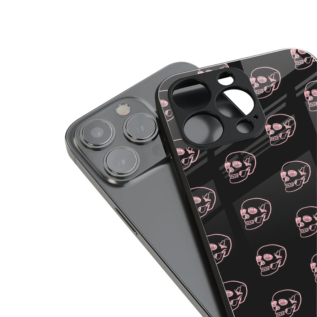 pink skull pattern back phone cover | glass case for iphone 16 pro max