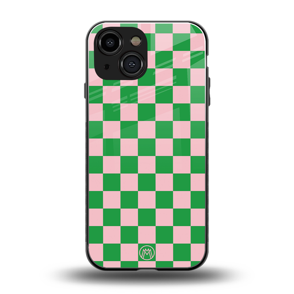 pink & green check pattern back phone cover | glass case for iphone 13 mini