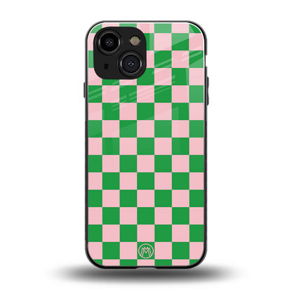 pink & green check pattern back phone cover | glass case for iphone 13 mini