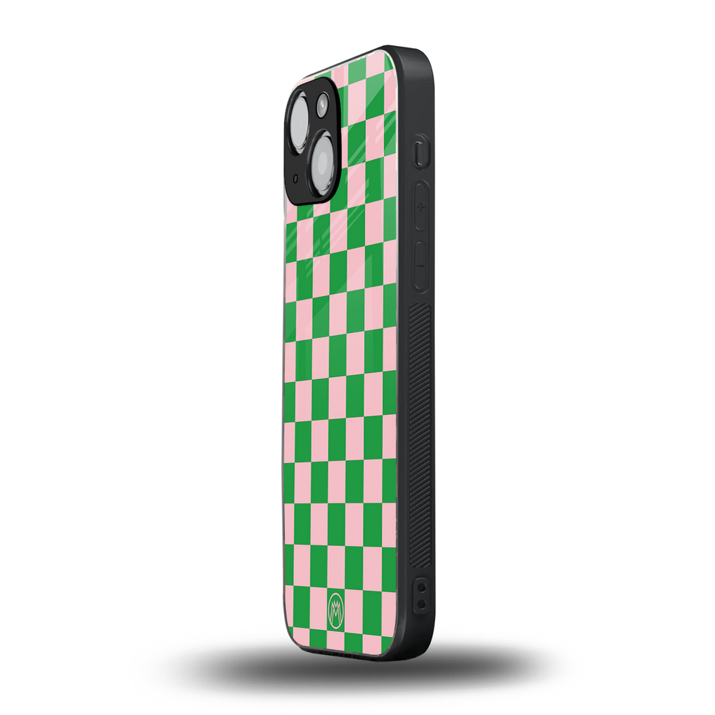 pink & green check pattern back phone cover | glass case for iphone 13 mini