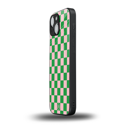 pink & green check pattern back phone cover | glass case for iphone 13 mini