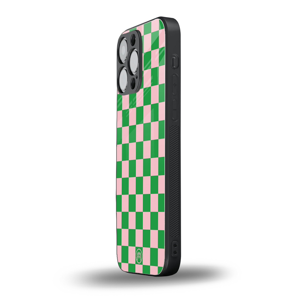 pink & green check pattern back phone cover | glass case for iphone 13 pro max