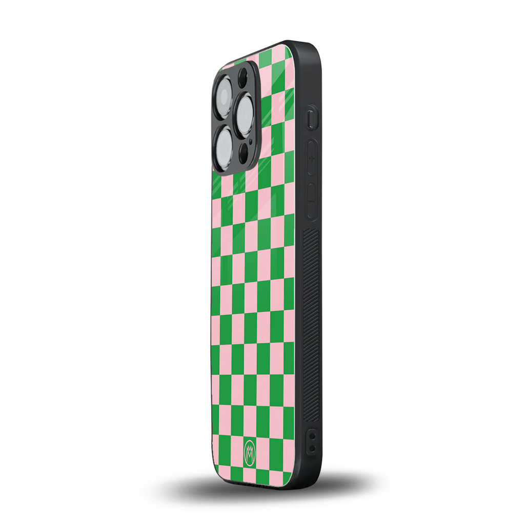 pink & green check pattern back phone cover | glass case for iphone 13 pro