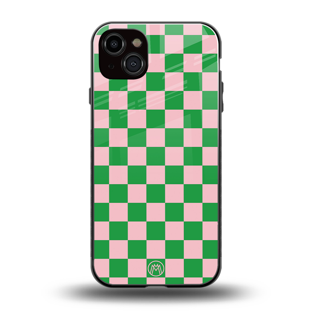 pink & green check pattern back phone cover | glass case for iphone 15 plus