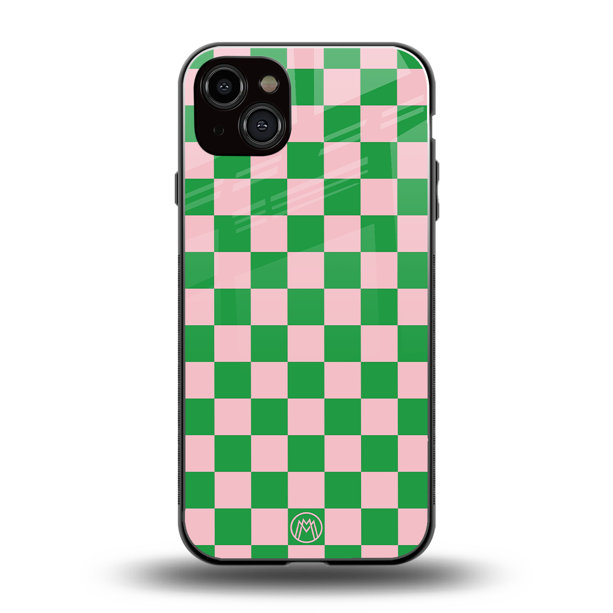 pink & green check pattern back phone cover | glass case for iphone 14 plus