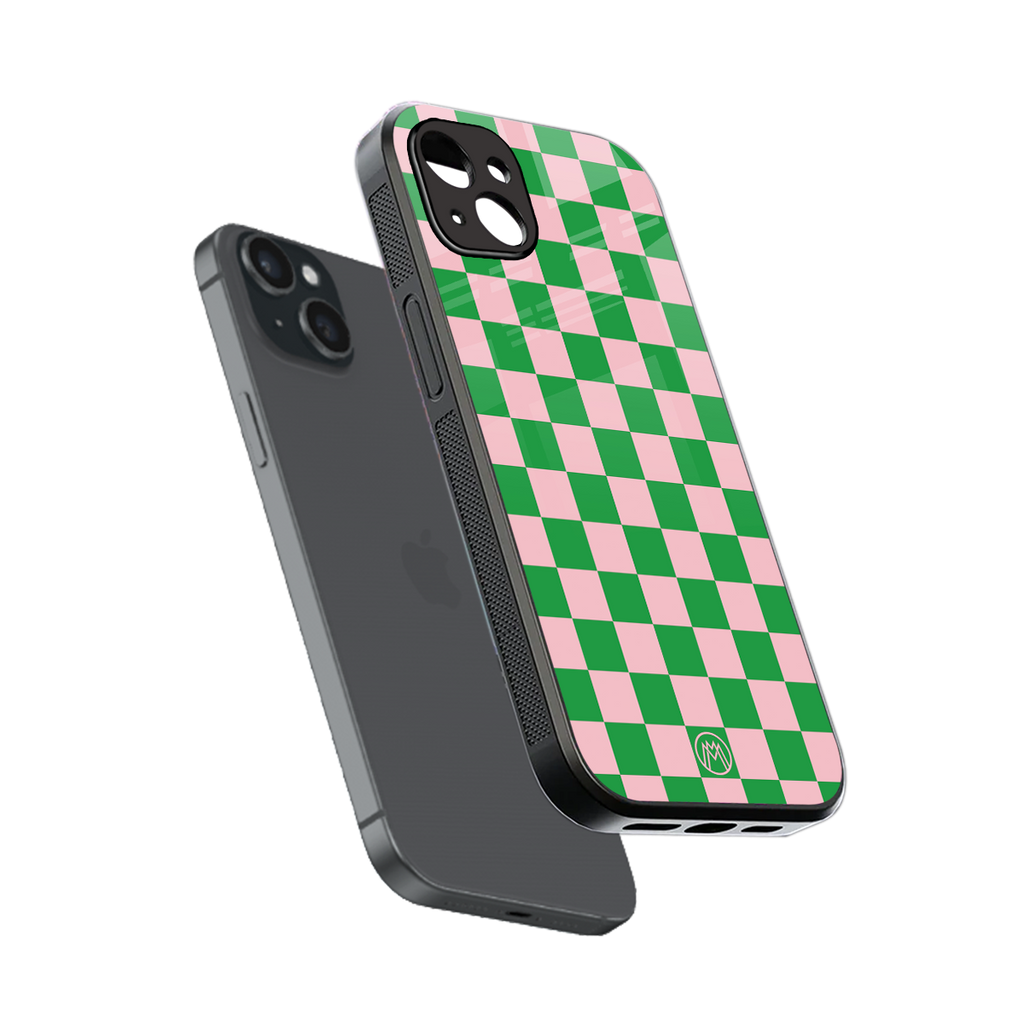pink & green check pattern back phone cover | glass case for iphone 15 plus
