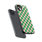 pink & green check pattern back phone cover | glass case for iphone 15 plus
