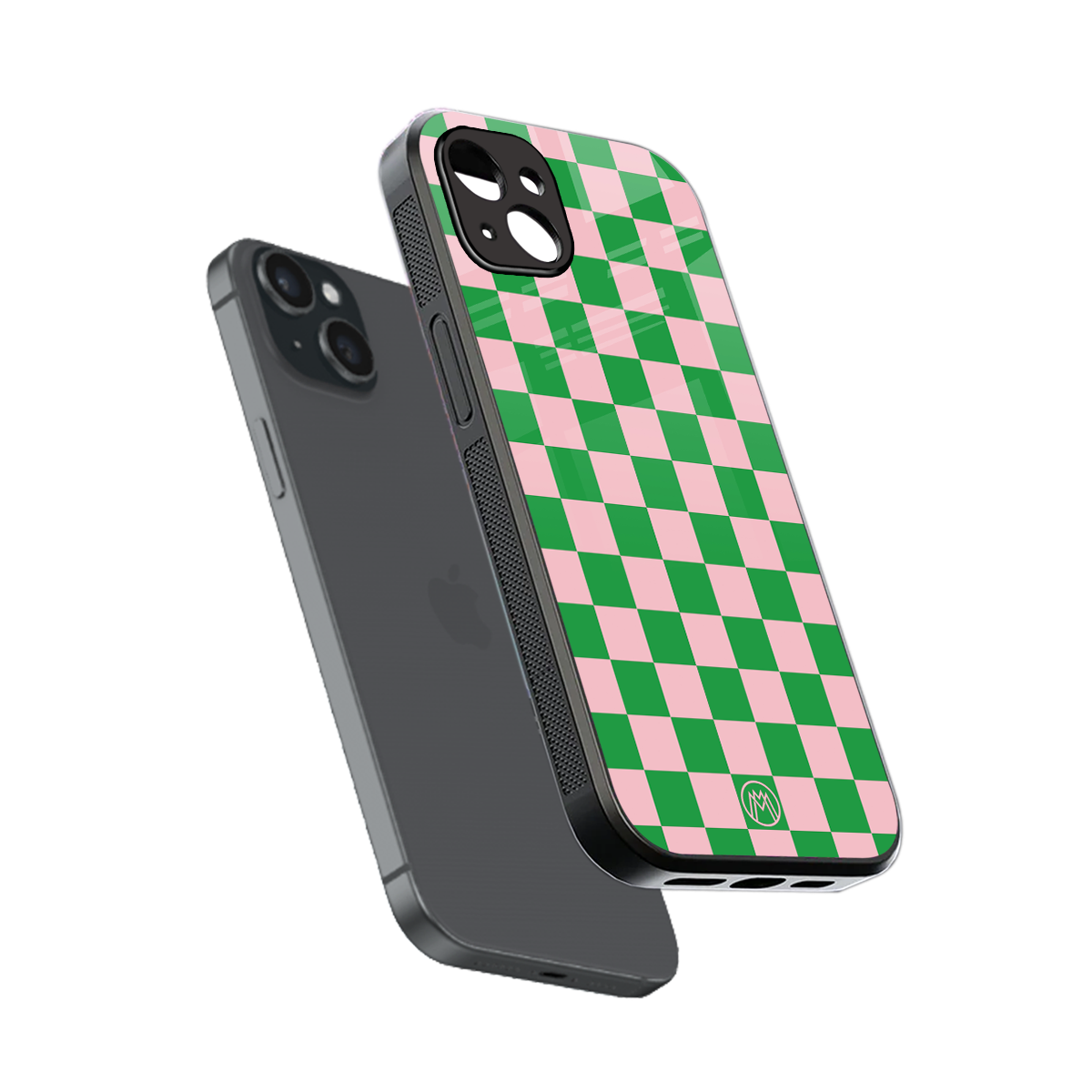 pink & green check pattern back phone cover | glass case for iphone 14 plus