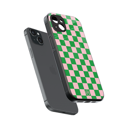 pink & green check pattern back phone cover | glass case for iphone 14 plus