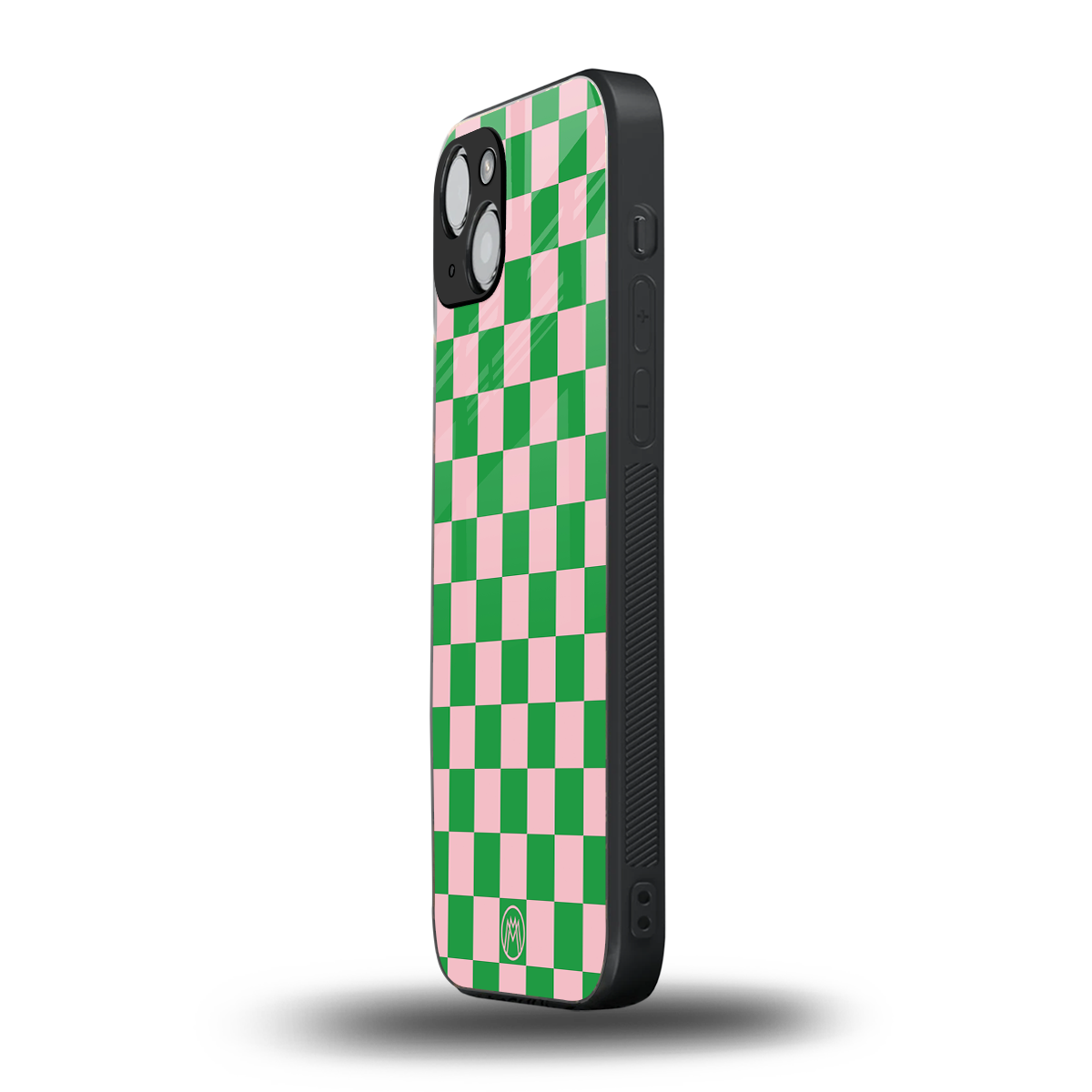 pink & green check pattern back phone cover | glass case for iphone 14 plus