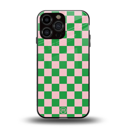 pink & green check pattern back phone cover | glass case for iphone 14 pro max
