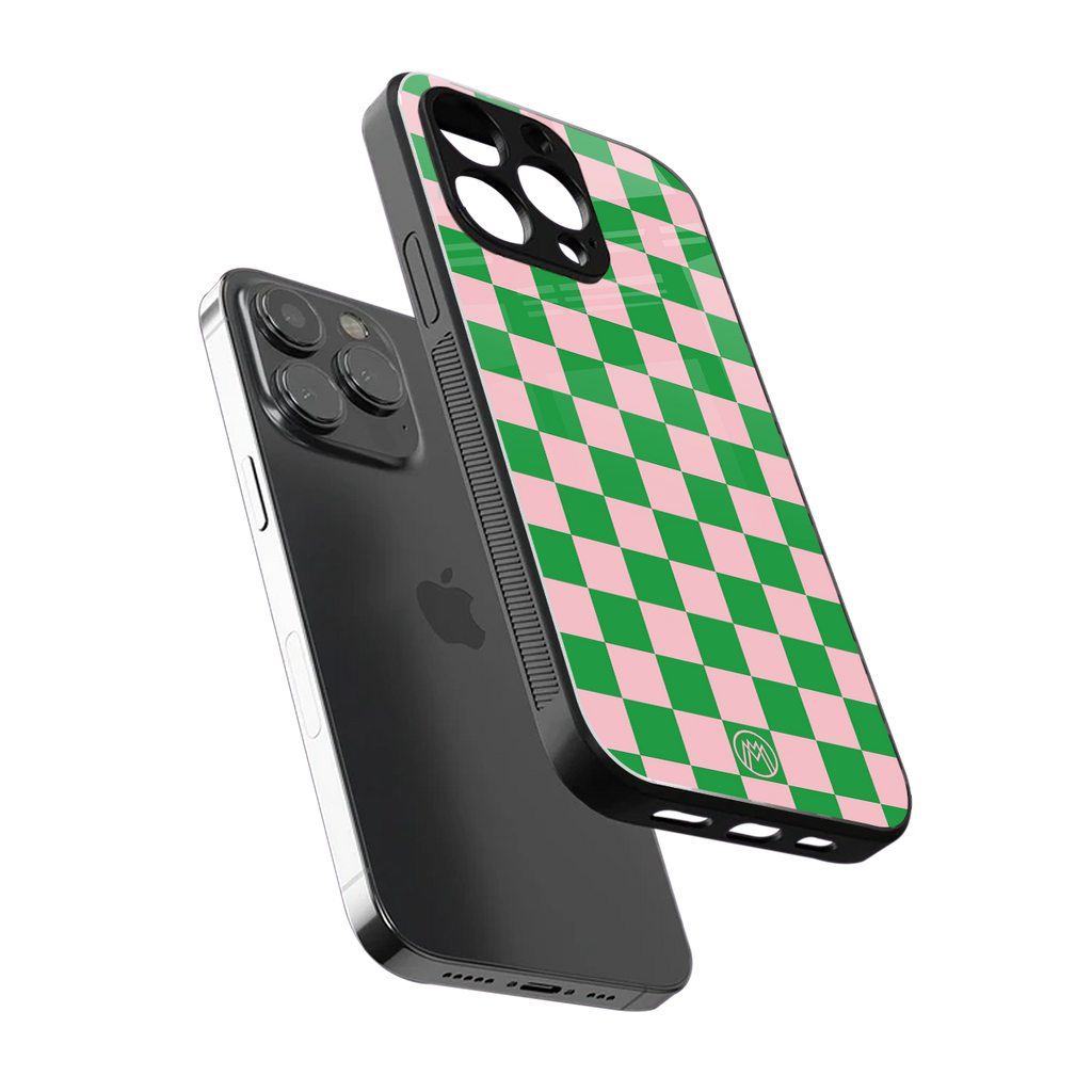 pink & green check pattern back phone cover | glass case for iphone 14 pro max