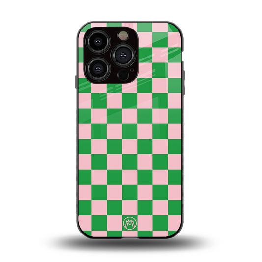 pink & green check pattern back phone cover | glass case for iphone 14 pro