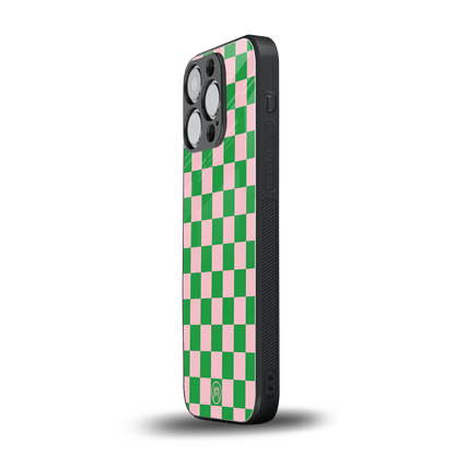 pink & green check pattern back phone cover | glass case for iphone 14 pro