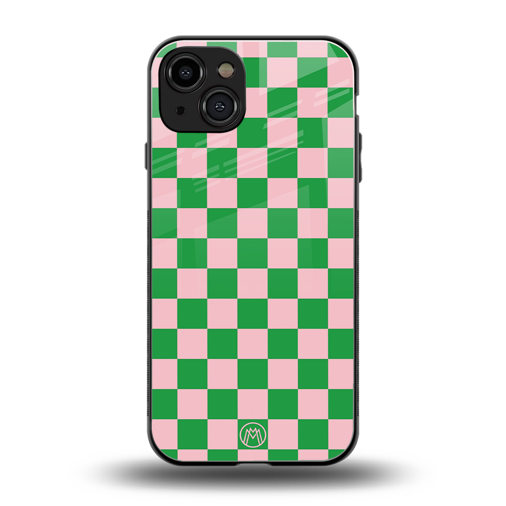 pink & green check pattern back phone cover | glass case for iphone 15