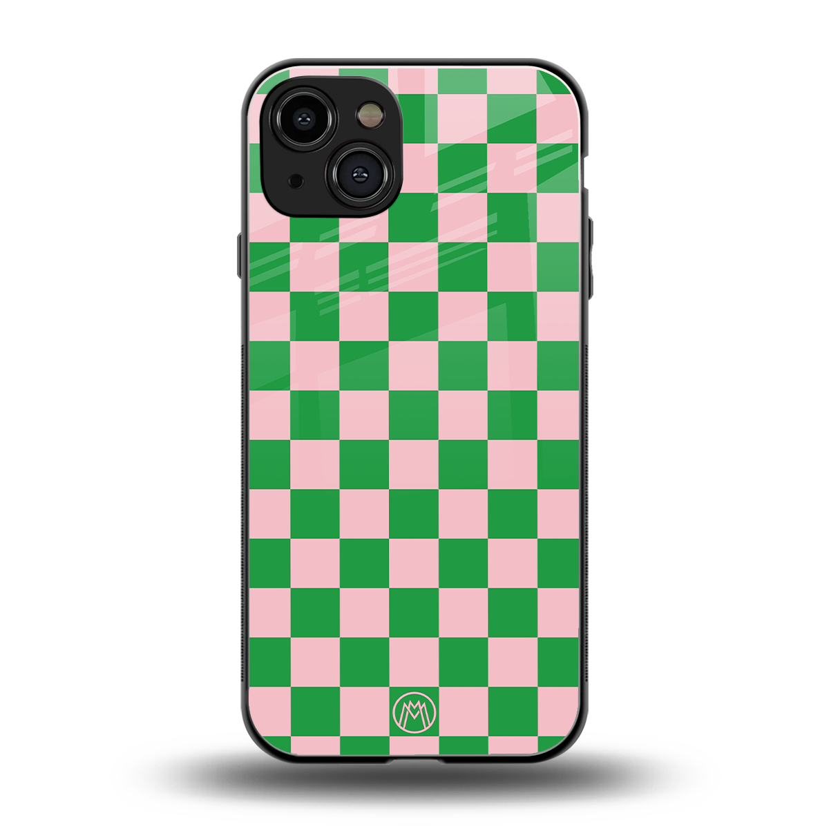 pink & green check pattern back phone cover | glass case for iphone 14