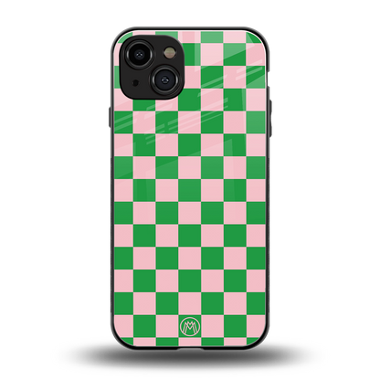 pink & green check pattern back phone cover | glass case for iphone 14