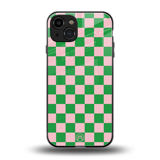 pink & green check pattern back phone cover | glass case for iphone 14