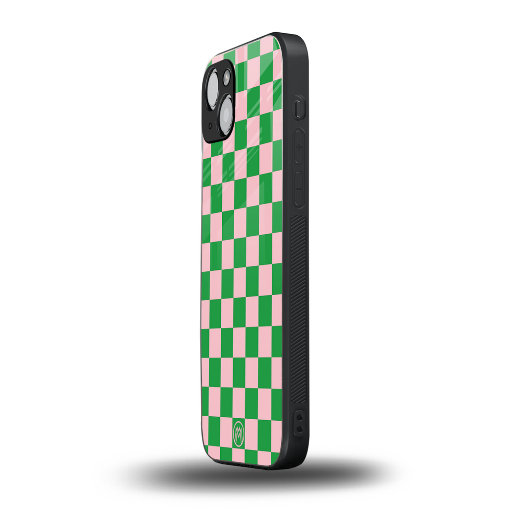 pink & green check pattern back phone cover | glass case for iphone 15