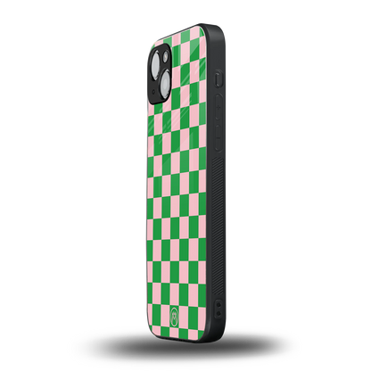 pink & green check pattern back phone cover | glass case for iphone 14