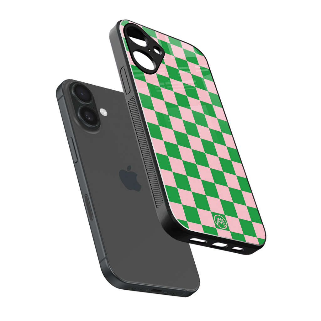 pink & green check pattern back phone cover | glass case for iphone 16 plus