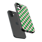 pink & green check pattern back phone cover | glass case for iphone 16 plus