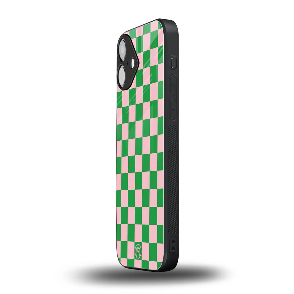 pink & green check pattern back phone cover | glass case for iphone 16 plus