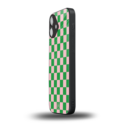 pink & green check pattern back phone cover | glass case for iphone 16 plus
