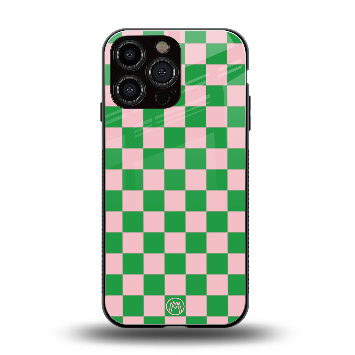 pink & green check pattern back phone cover | glass case for iphone 16 pro max