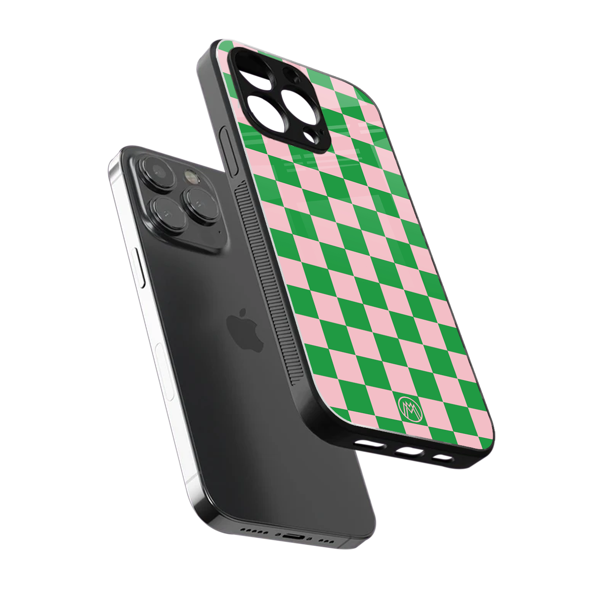 pink & green check pattern back phone cover | glass case for iphone 16 pro max