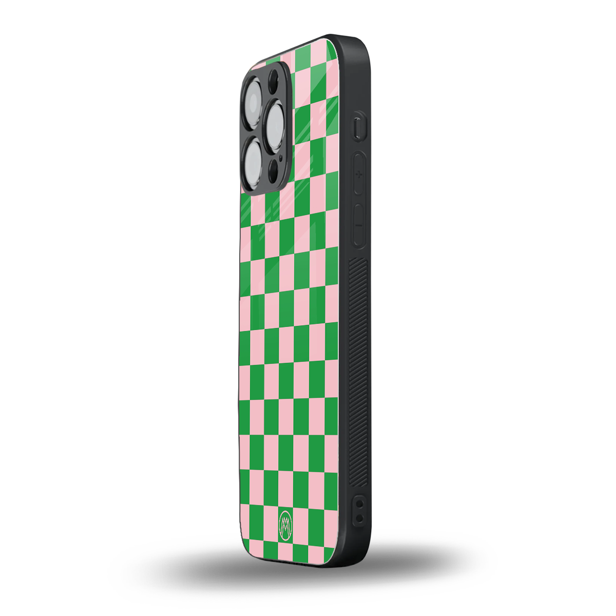 pink & green check pattern back phone cover | glass case for iphone 16 pro max