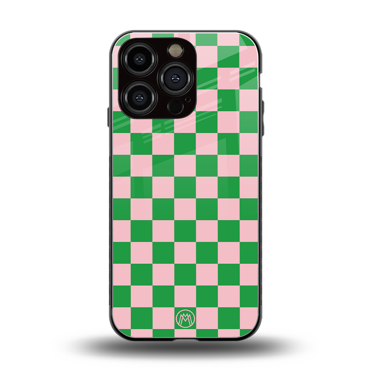 pink & green check pattern back phone cover | glass case for iphone 16 pro