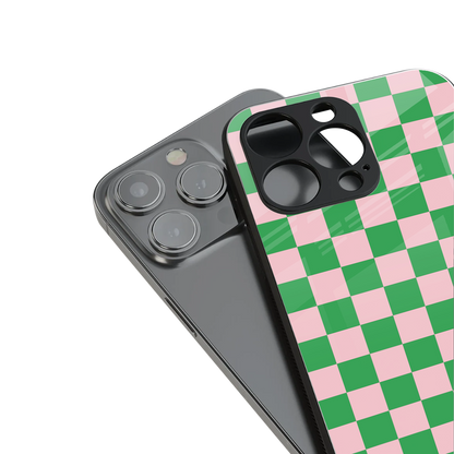 pink & green check pattern back phone cover | glass case for iphone 14 pro max