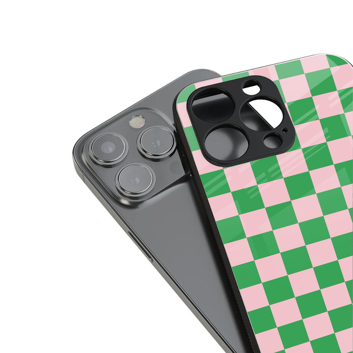 pink & green check pattern back phone cover | glass case for iphone 14