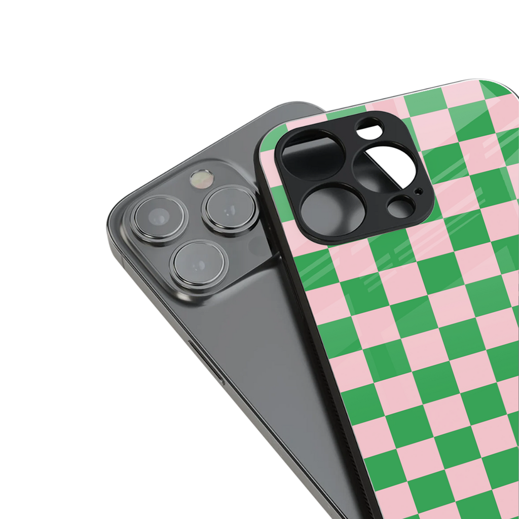 pink & green check pattern back phone cover | glass case for iphone 16 plus