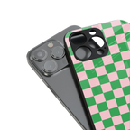 pink & green check pattern back phone cover | glass case for iphone 16 pro max