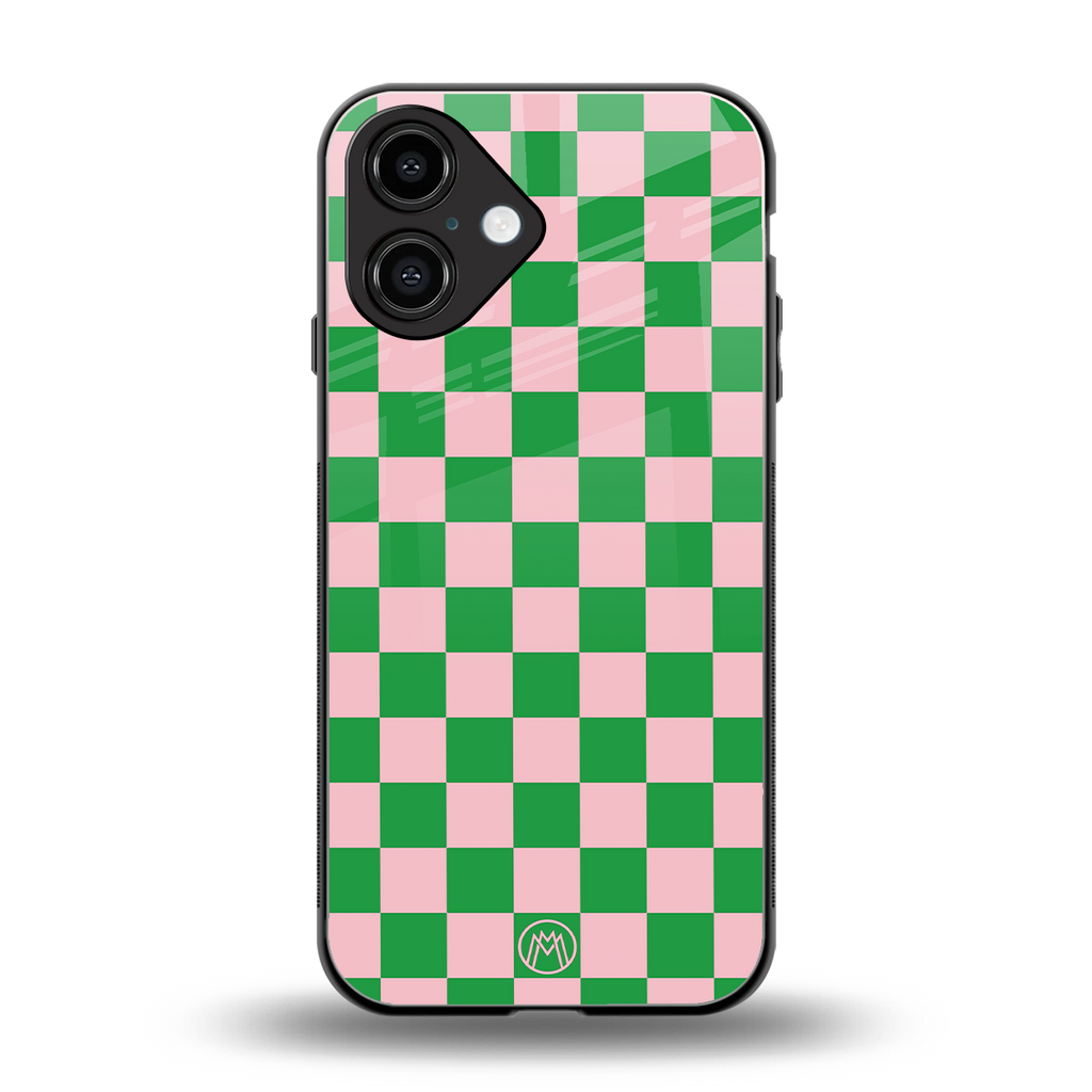 pink & green check pattern back phone cover | glass case for iphone 16