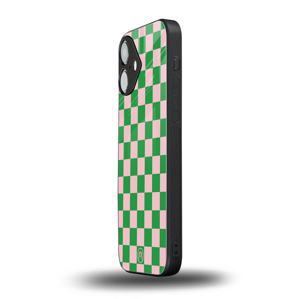 pink & green check pattern back phone cover | glass case for iphone 16