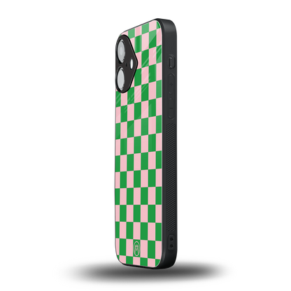 pink & green check pattern back phone cover | glass case for iphone 16