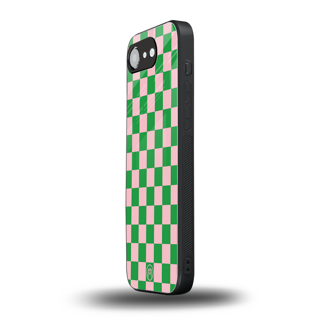 pink & green check pattern back phone cover | glass case for iphone 16e