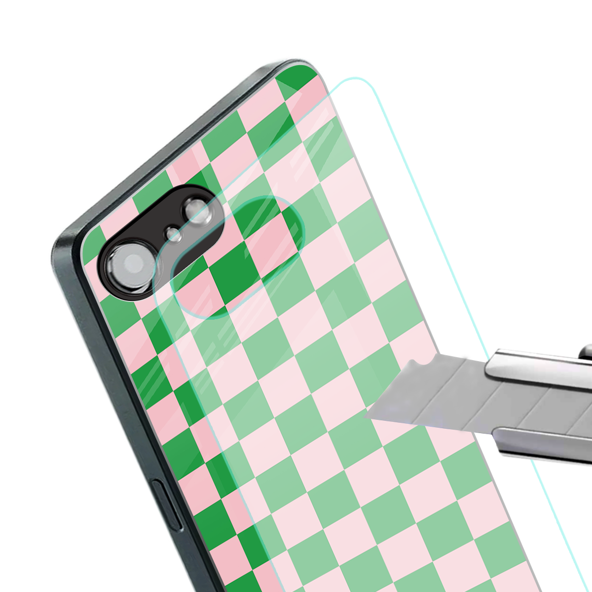 pink & green check pattern back phone cover | glass case for iphone 16e