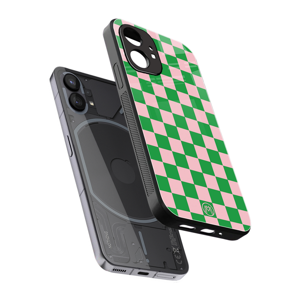 pink & green check pattern back phone cover | glass case for nothing phone 1