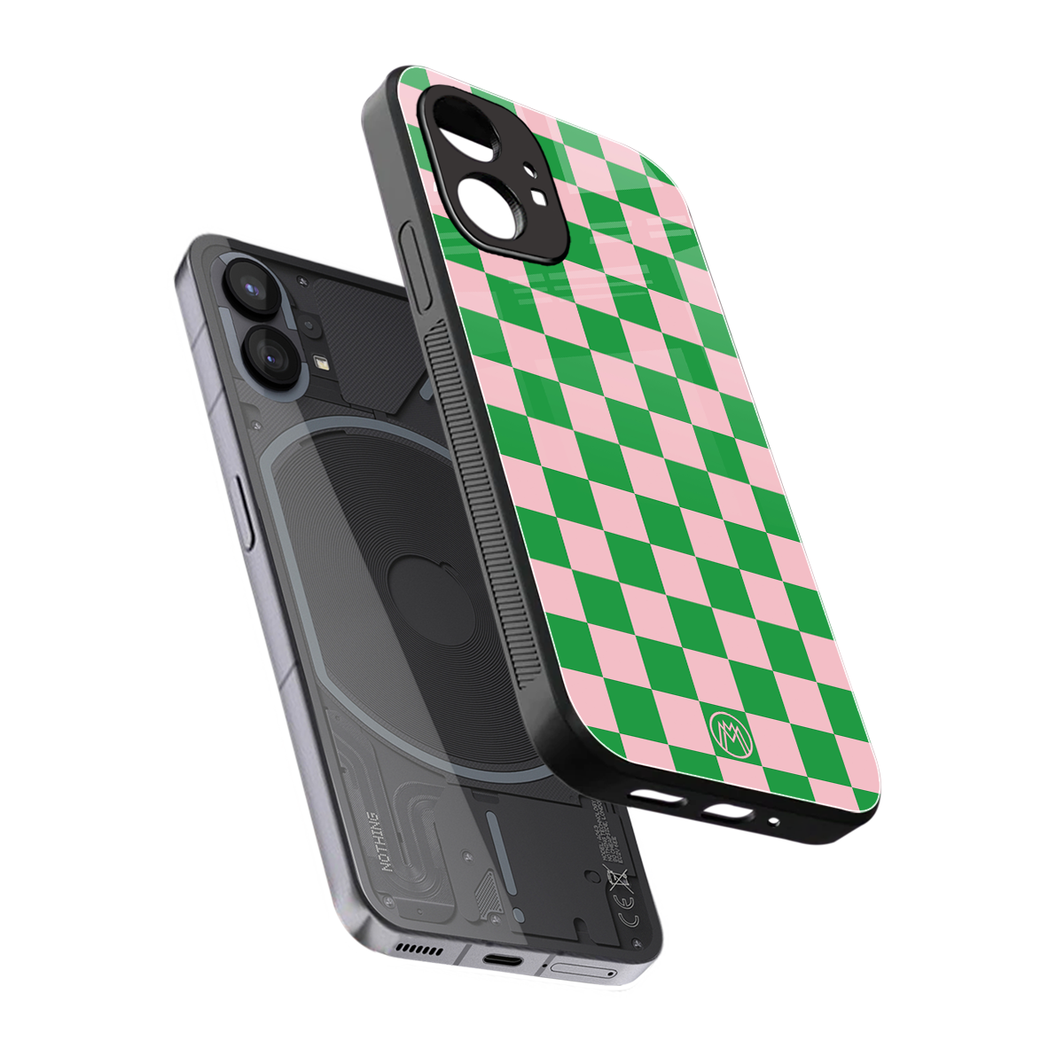pink & green check pattern back phone cover | glass case for nothing phone 1