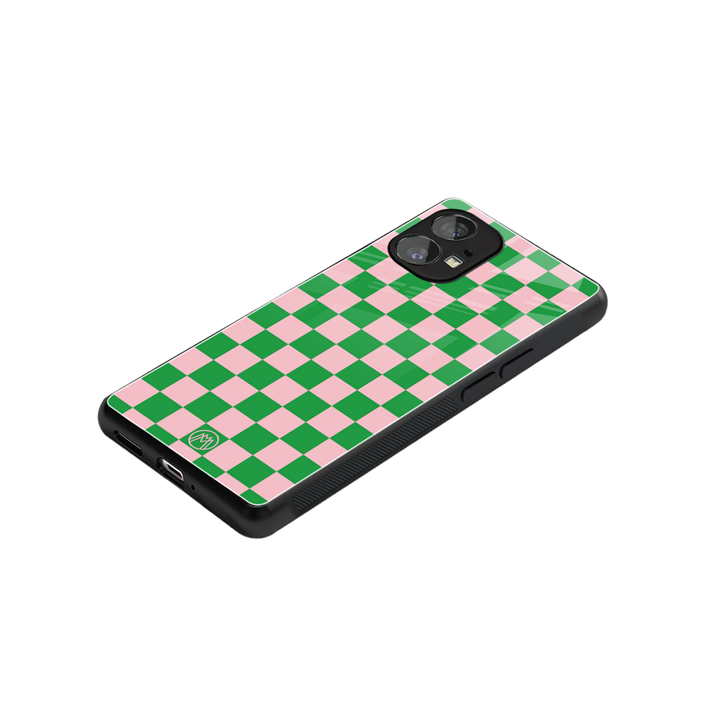 pink & green check pattern back phone cover | glass case for nothing phone 1