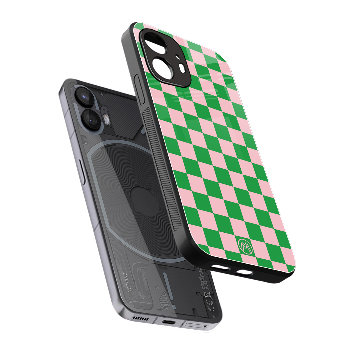 pink & green check pattern back phone cover | glass case for nothing phone 2
