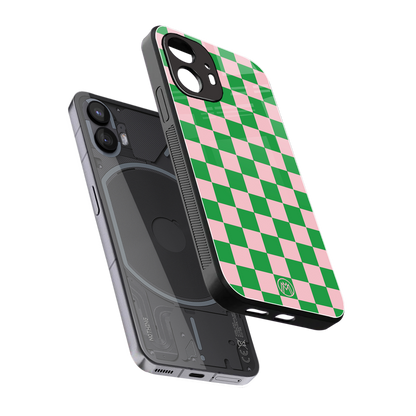 pink & green check pattern back phone cover | glass case for nothing phone 2