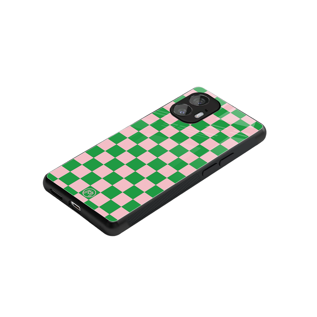 pink & green check pattern back phone cover | glass case for nothing phone 2