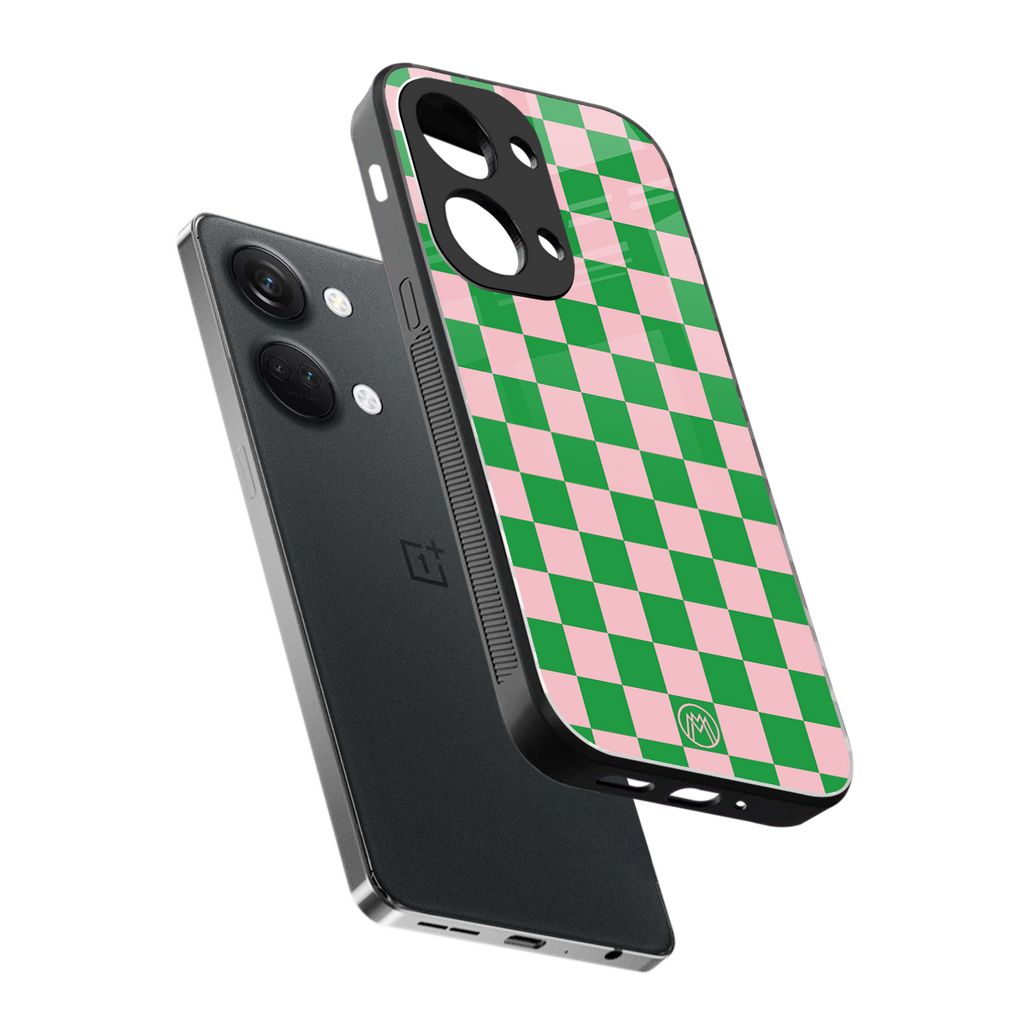 pink & green check pattern back phone cover | glass case for oneplus nord 3