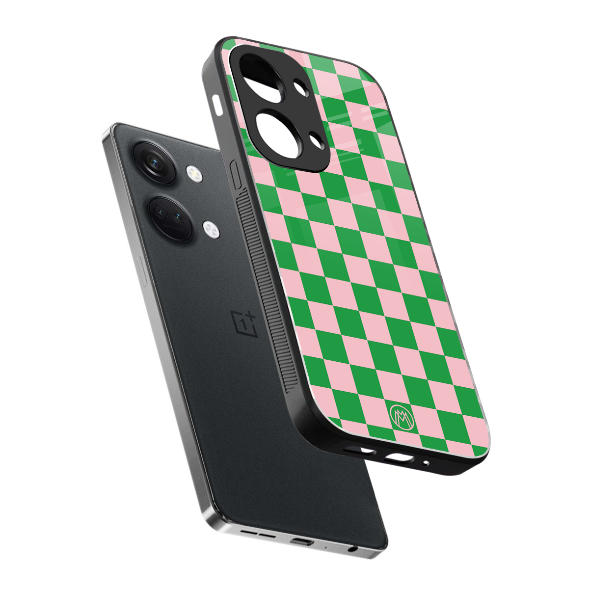 pink & green check pattern back phone cover | glass case for oneplus nord 3